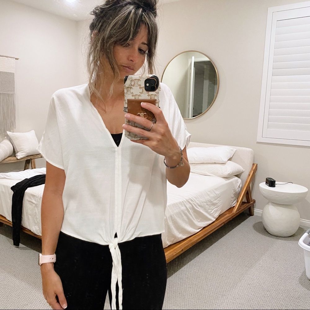 White Tie-Front Linen Blouse